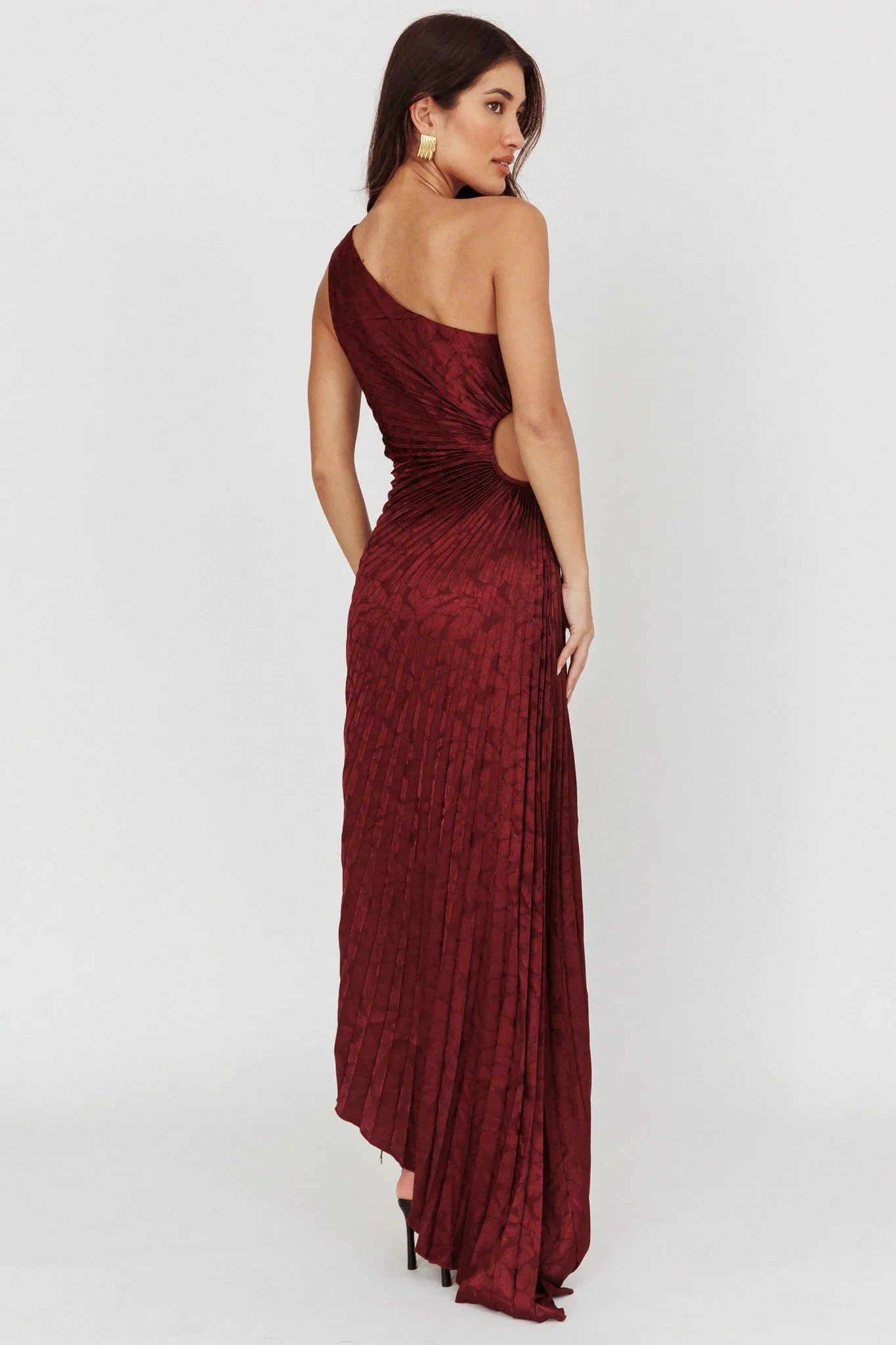 Amelie One-Shoulder Accordion Pleat Maxi Dress Merlot