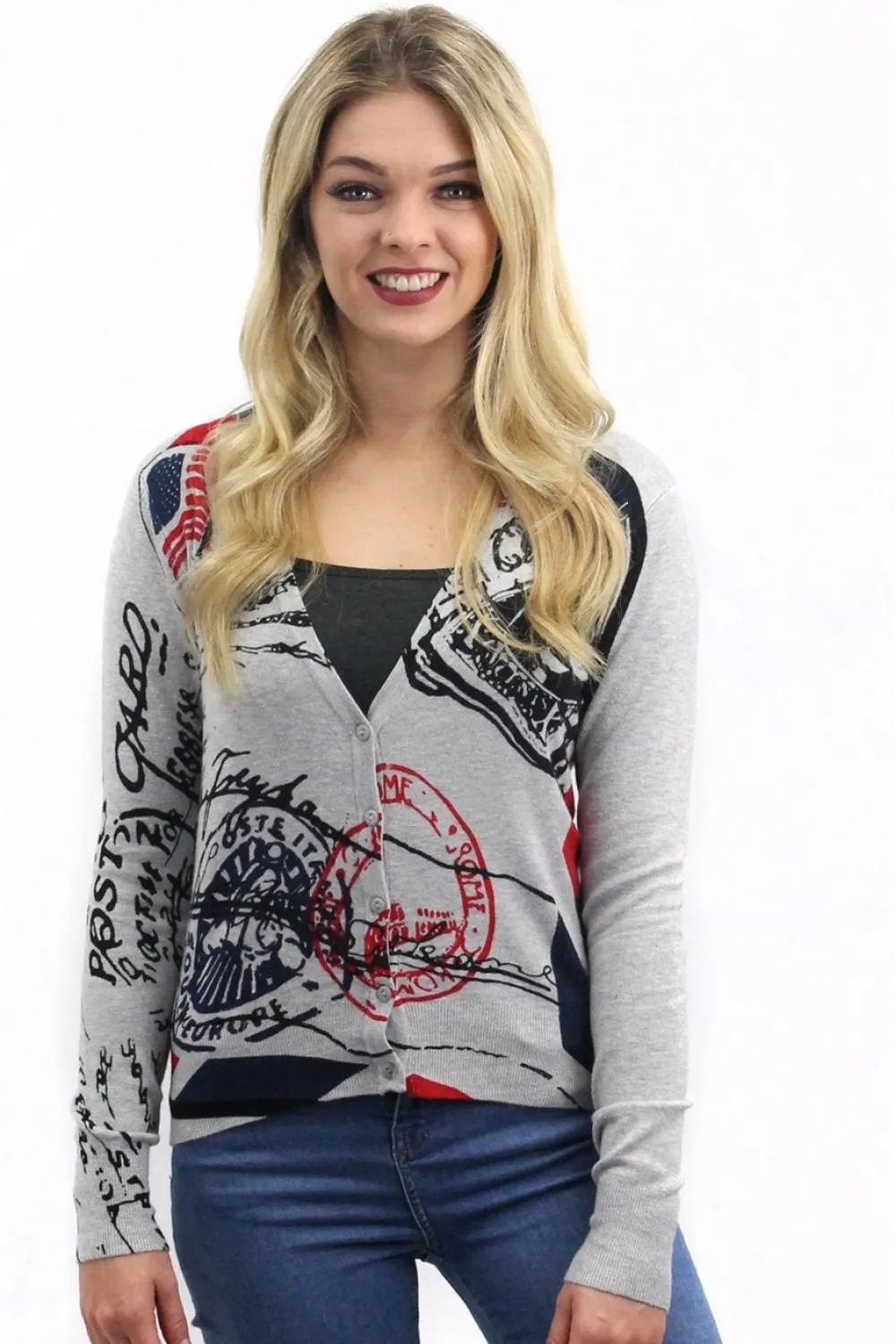 American Stamp Print Short Button Cardigan