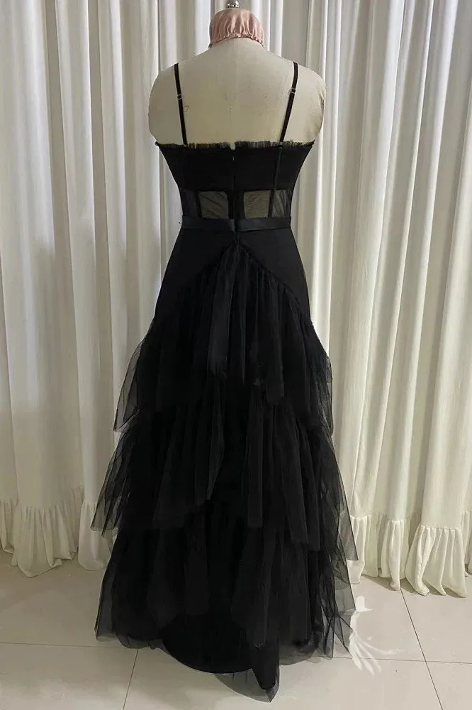 Black Prom Dress Elegant A-line Layered Tulle Prom Dresses,Sheer Corset Long Evening Dress