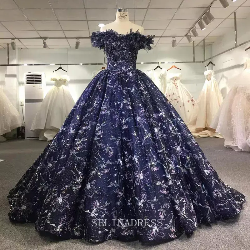 Blue Feather Off Shoulder Plus Size Sequins Ball Gown Elegant Evening Gowns LS9776 Selinadress