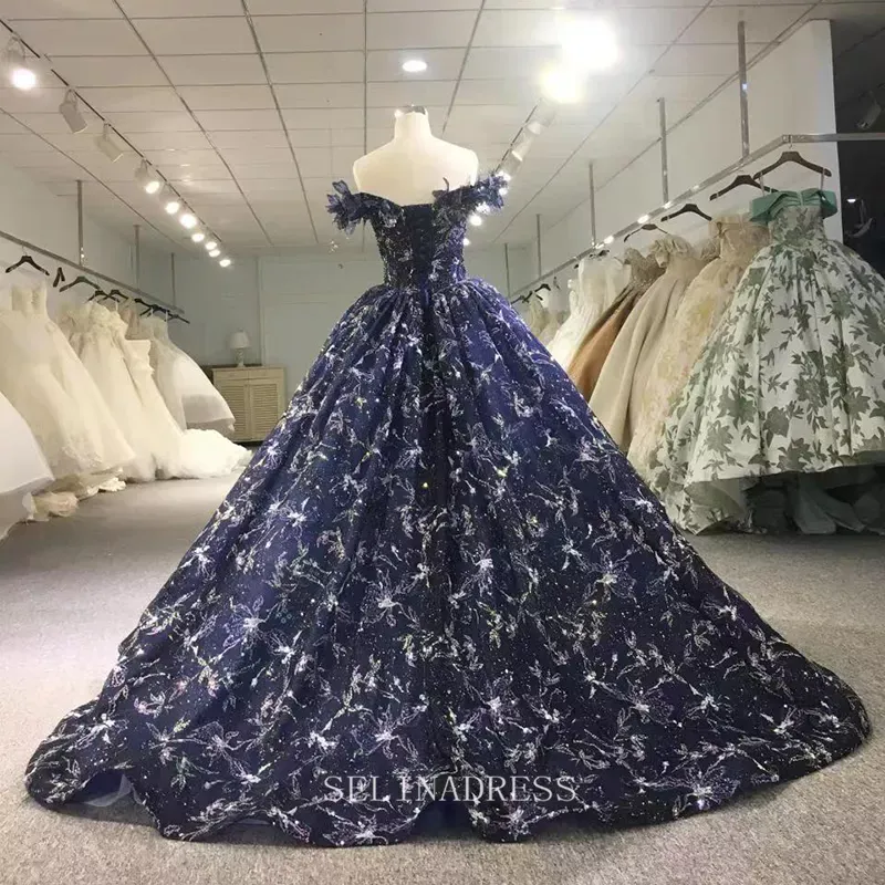 Blue Feather Off Shoulder Plus Size Sequins Ball Gown Elegant Evening Gowns LS9776 Selinadress