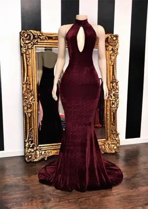 Burgundy Velvet Mermaid Prom Dresses | Long Keyhole Evening Gowns BC3473