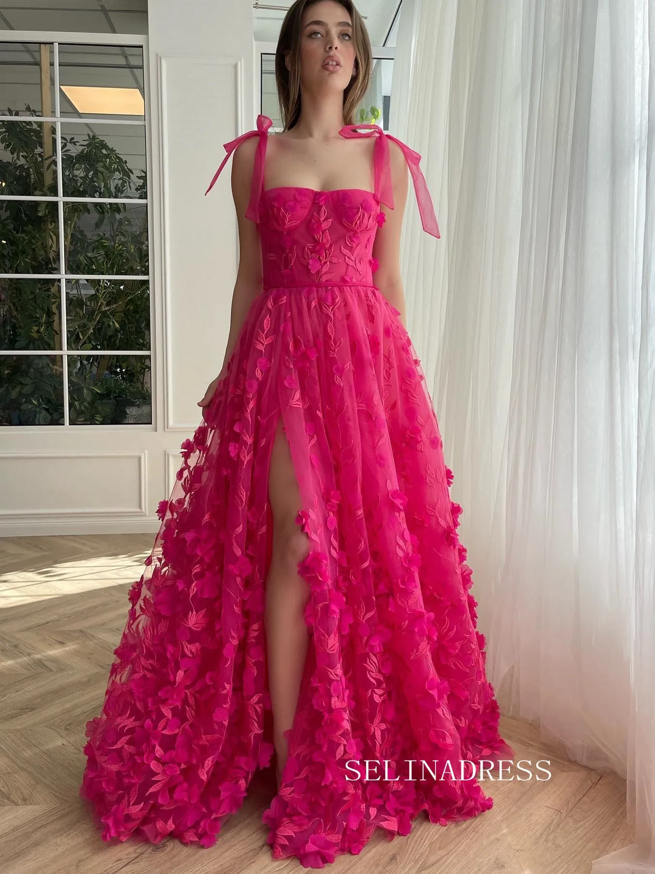 Chic A-Line Straps Hot Pink 3D Lace Floral Long Prom Dress Elegant Party Dress #kop128