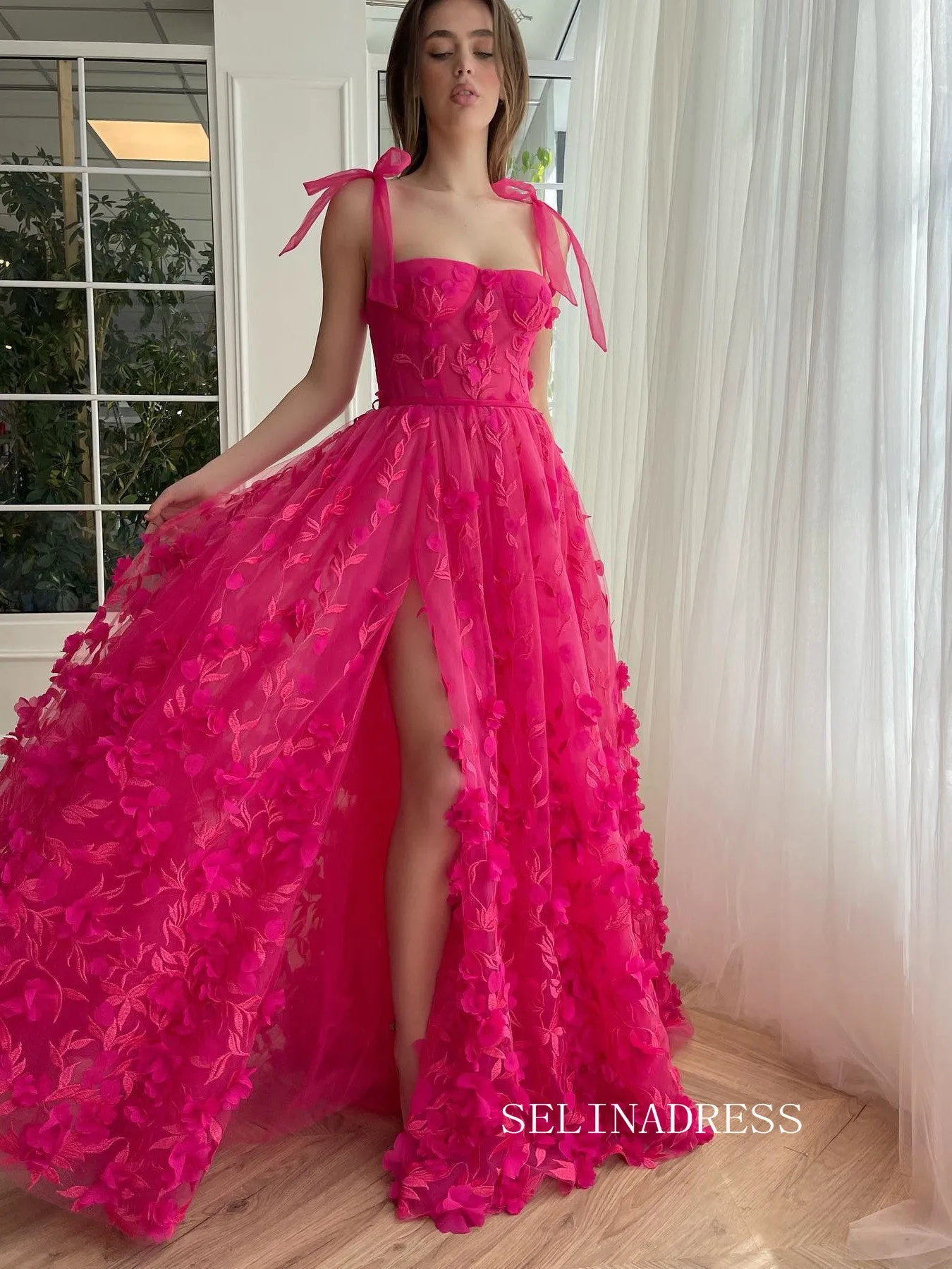 Chic A-Line Straps Hot Pink 3D Lace Floral Long Prom Dress Elegant Party Dress #kop128