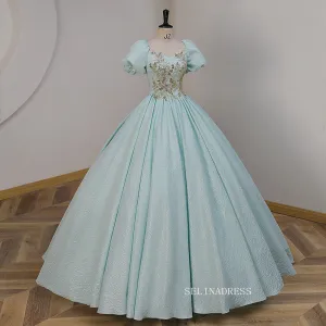 Chic Light Blue Long Prom Dress Puff Sleeve Elegant Long Formal Dress Princess Dress #kop126