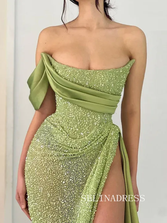 Chic Sheath/Column Strapless Sage Evening Gowns Elegant Glitter Evening Dress SEW0168