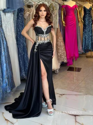 Chic Sheath/Column Thigh Split Black Long Prom Dresses Elegant Beaded Evening Dress sew03347