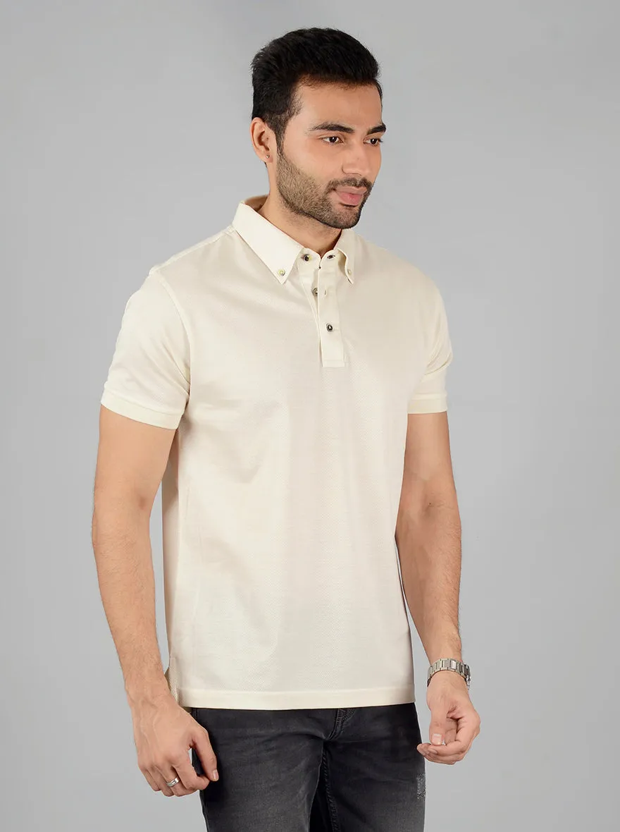 Cream Solid Slim Fit Polo T-Shirt | JadeBlue