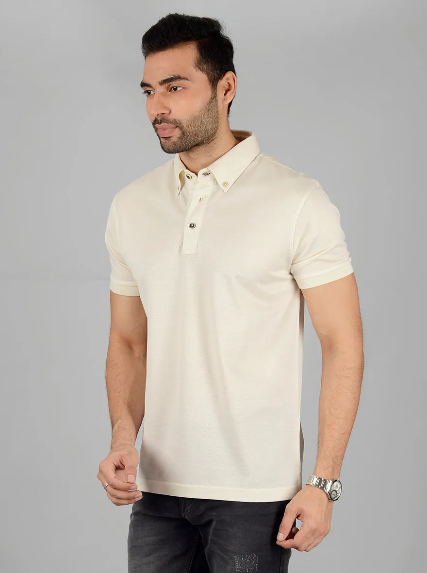 Cream Solid Slim Fit Polo T-Shirt | JadeBlue