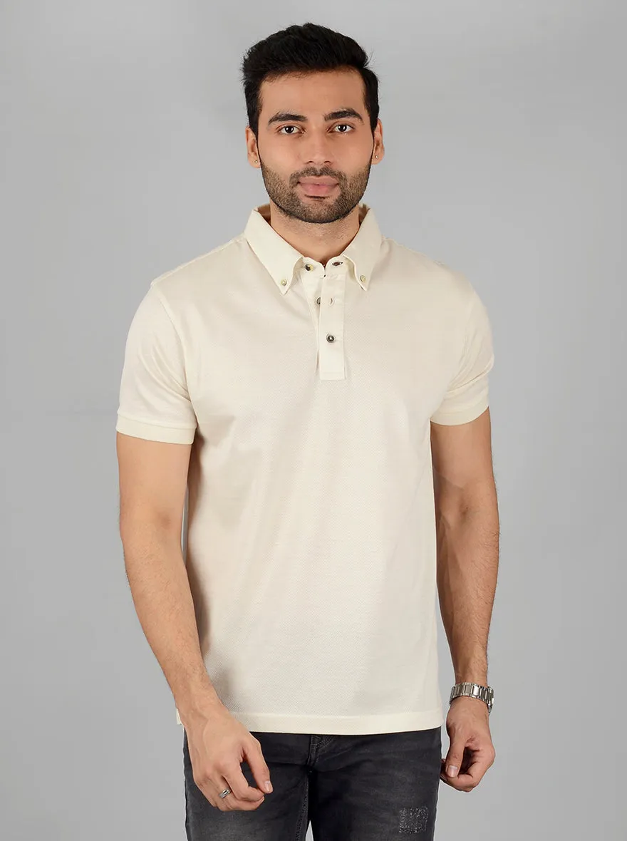 Cream Solid Slim Fit Polo T-Shirt | JadeBlue