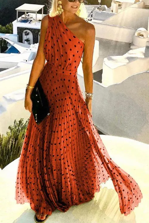 Dot Print One Shoulder Maxi Dress