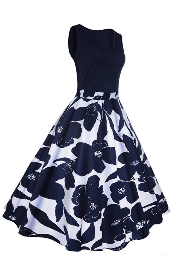 Elegant Contrast Floral Print Midi Dresses