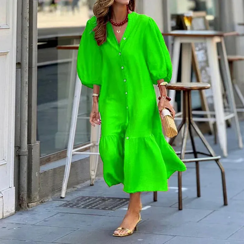 Elegant Lantern Sleeve Slit Office Long Dress Casual Women Solid Ruffles Elegant Lady Dress