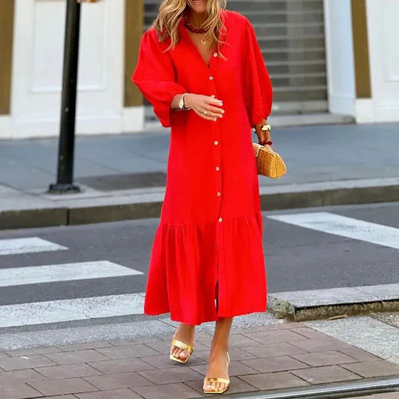 Elegant Lantern Sleeve Slit Office Long Dress Casual Women Solid Ruffles Elegant Lady Dress