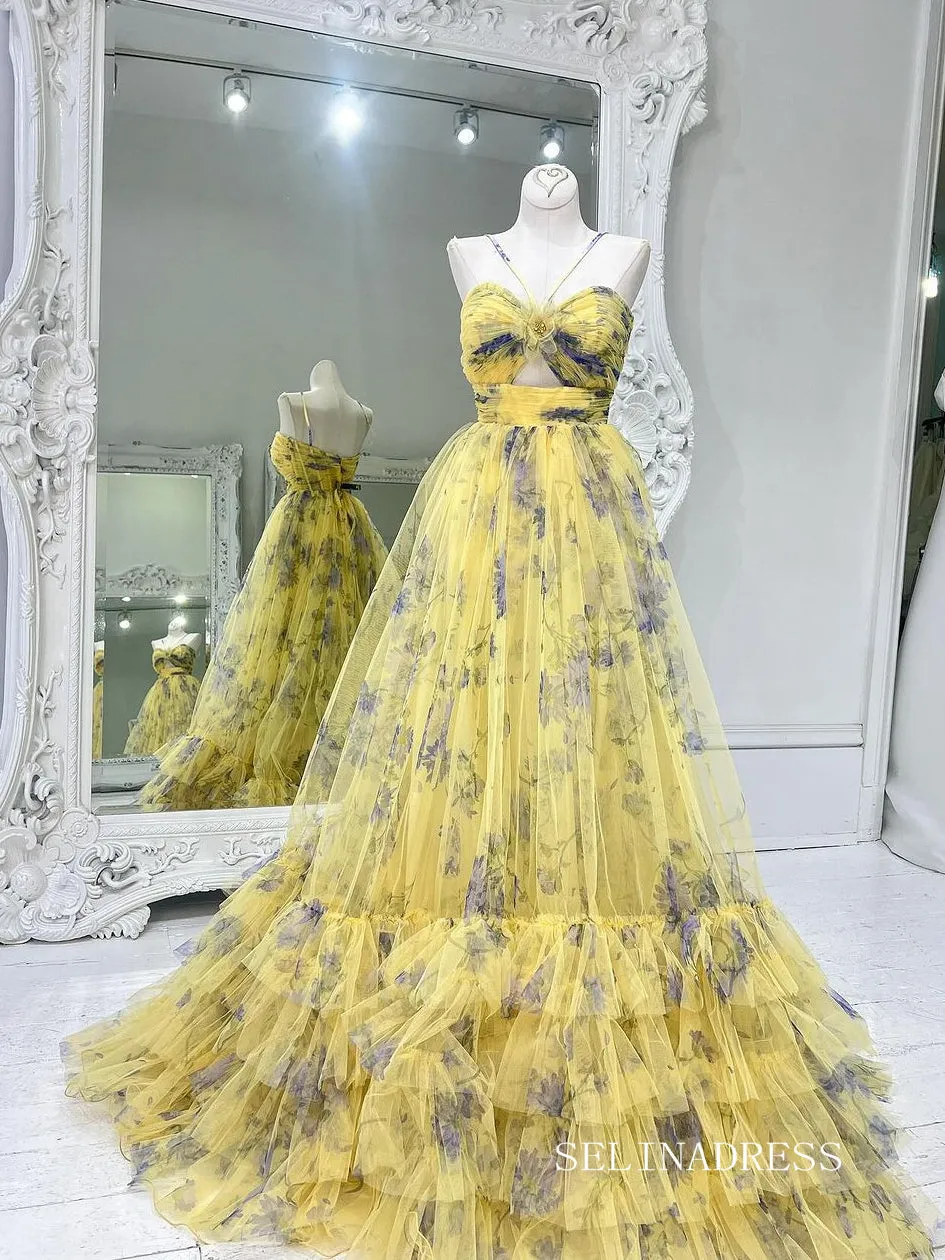 Elegant Spaghetti Straps Yellow Print Floral Long Prom Dress lps014