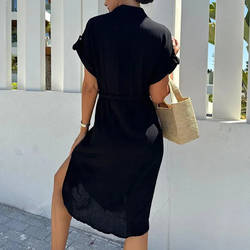 Fashion Short Sleeve Temperament Mini Dress New Women V-neck Lace-up Party Elegant 2024 Dress