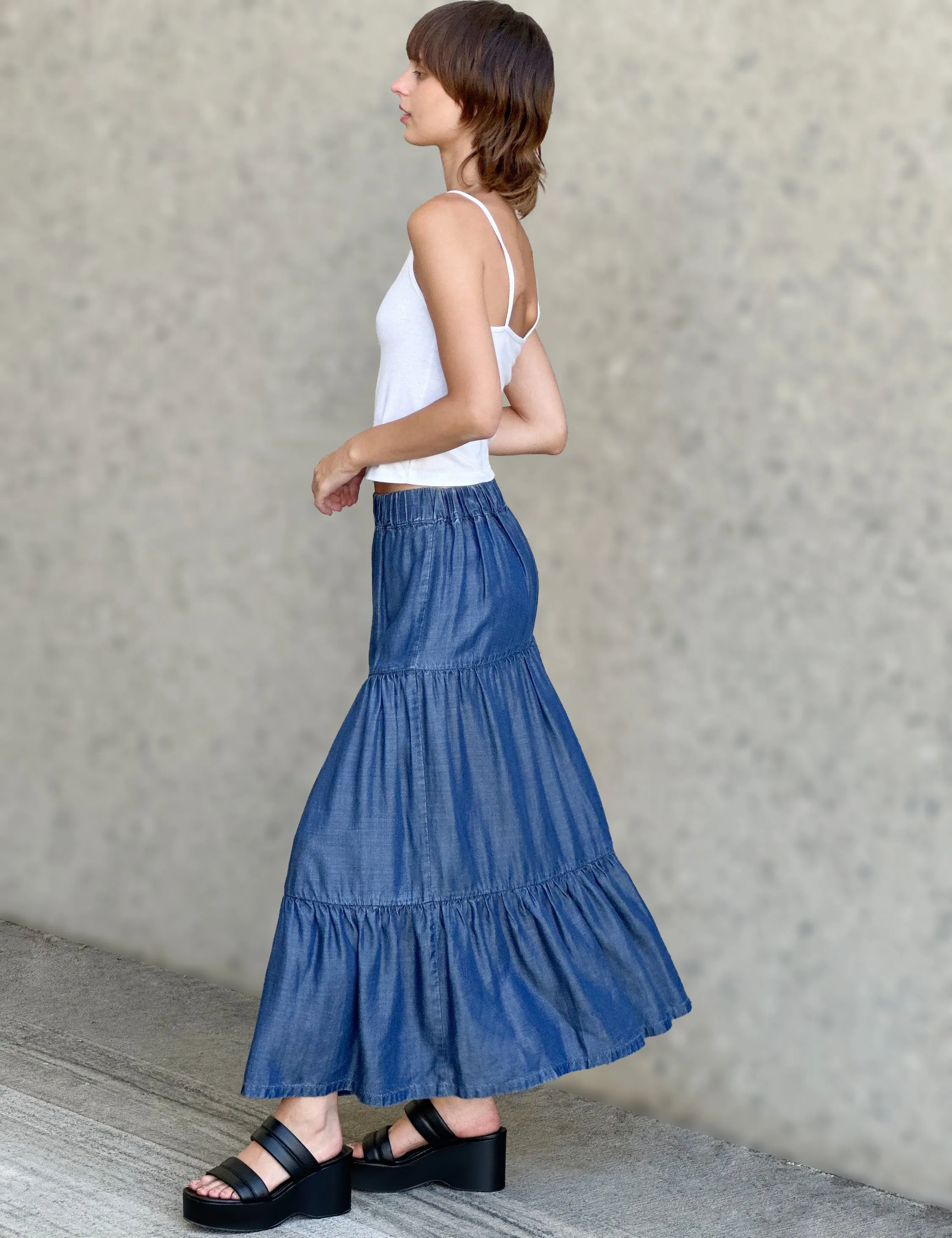 Flounce Denim Maxi Skirt