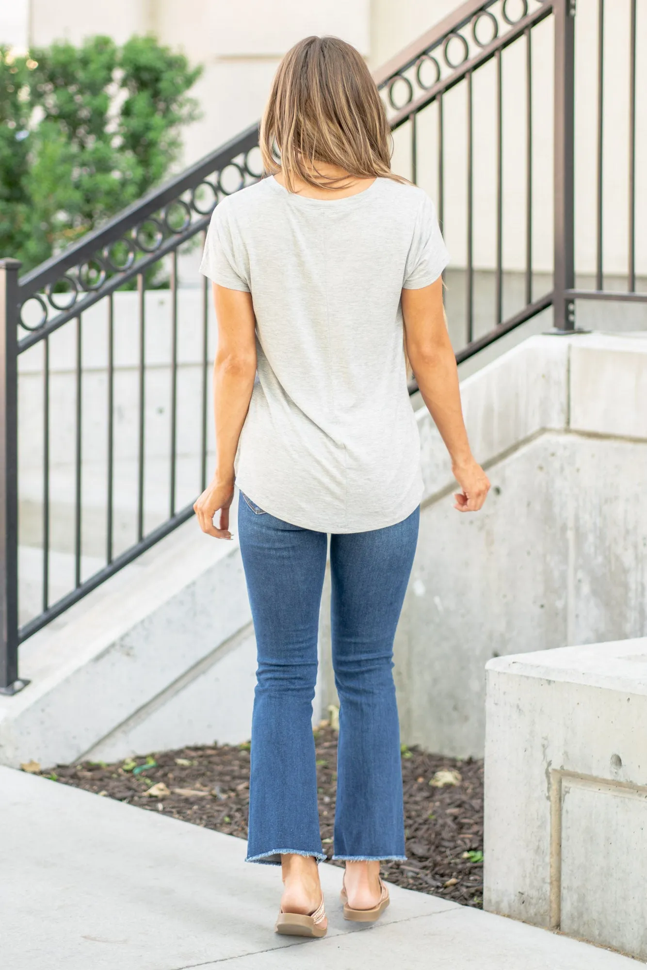 Flowy Round Hem Rayon Short Sleeve Top Heather Grey