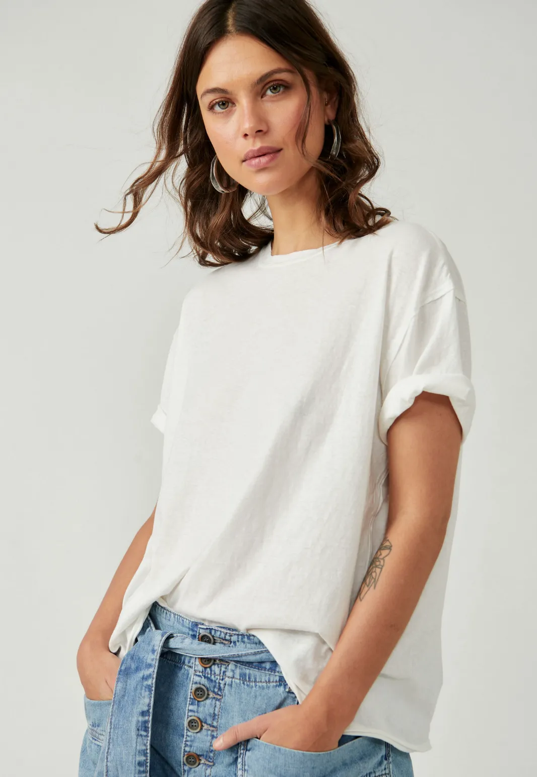 Free People Oversized White Short Sleeve Nina Cotton T-shirt Tee