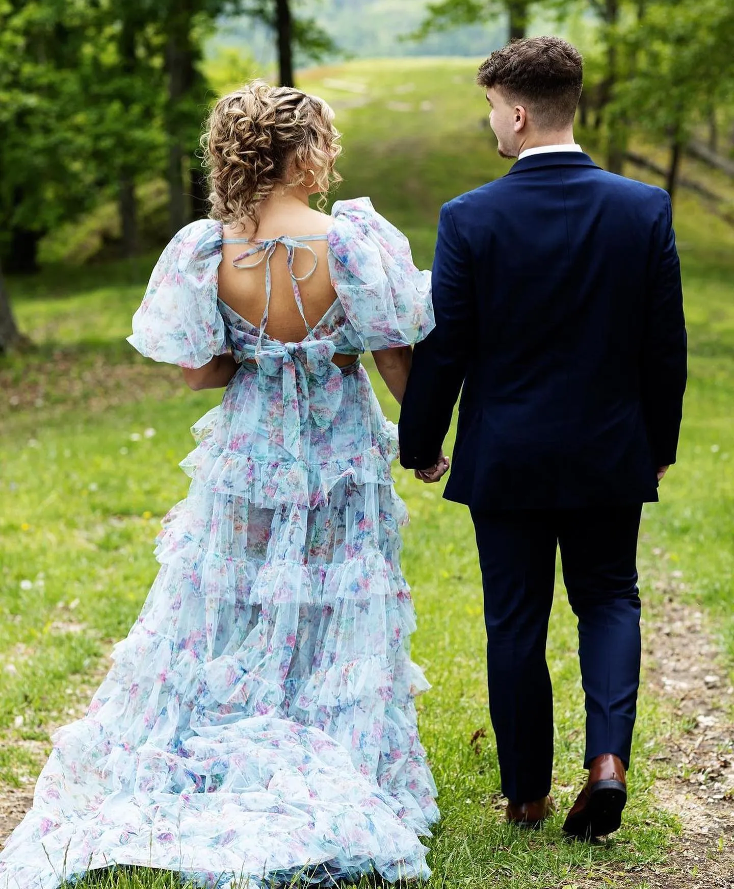 Gorgeous Two Pieces Prom Dress Elegant Puff Sleeve Long Formal Gown Floral Dress #LOP606