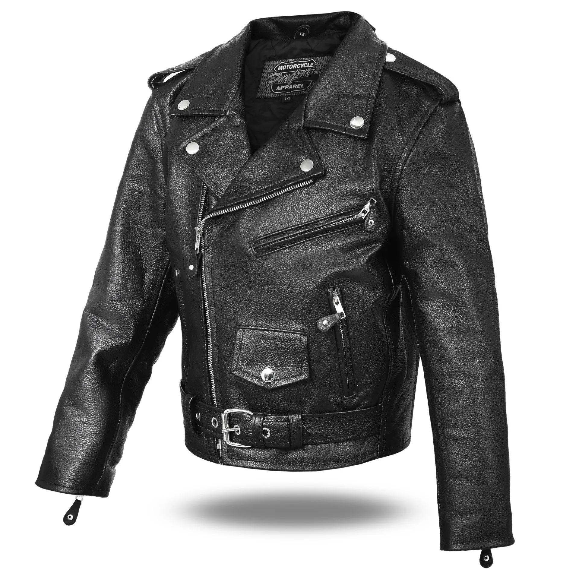 Classic Biker Kids Leather Jacket with Side Lacing - Boys/Girls Traditional Motorcycle Jacket