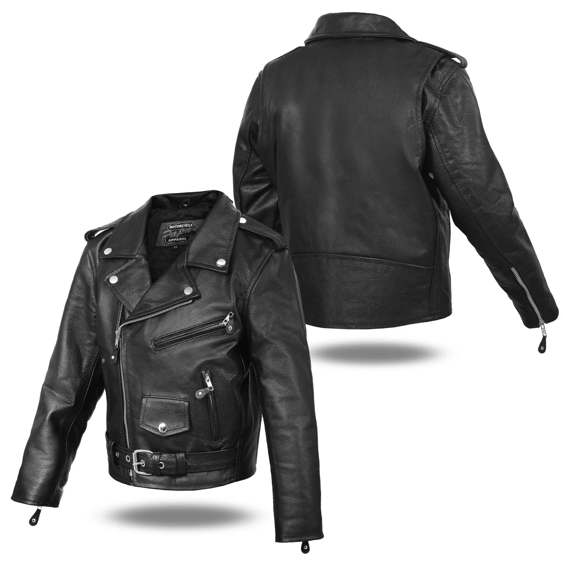 Classic Biker Kids Leather Jacket with Side Lacing - Boys/Girls Traditional Motorcycle Jacket