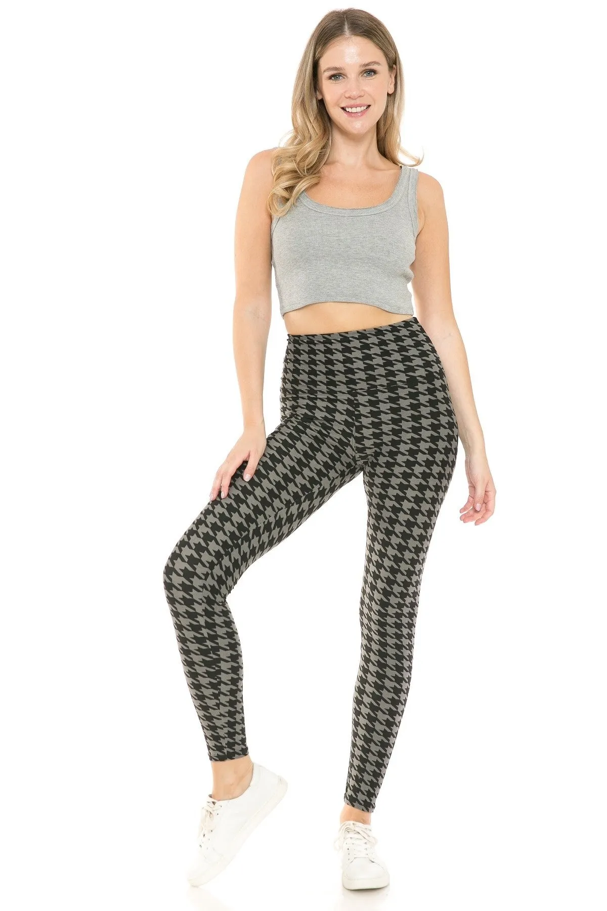 Houndstooth Print High Waist Leggings With 5 Yoga Style Waistband