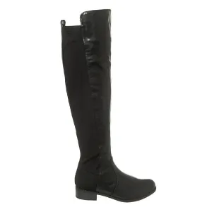 Low Block Heel Pull On Over Knee Boot With Back Stretch Panel