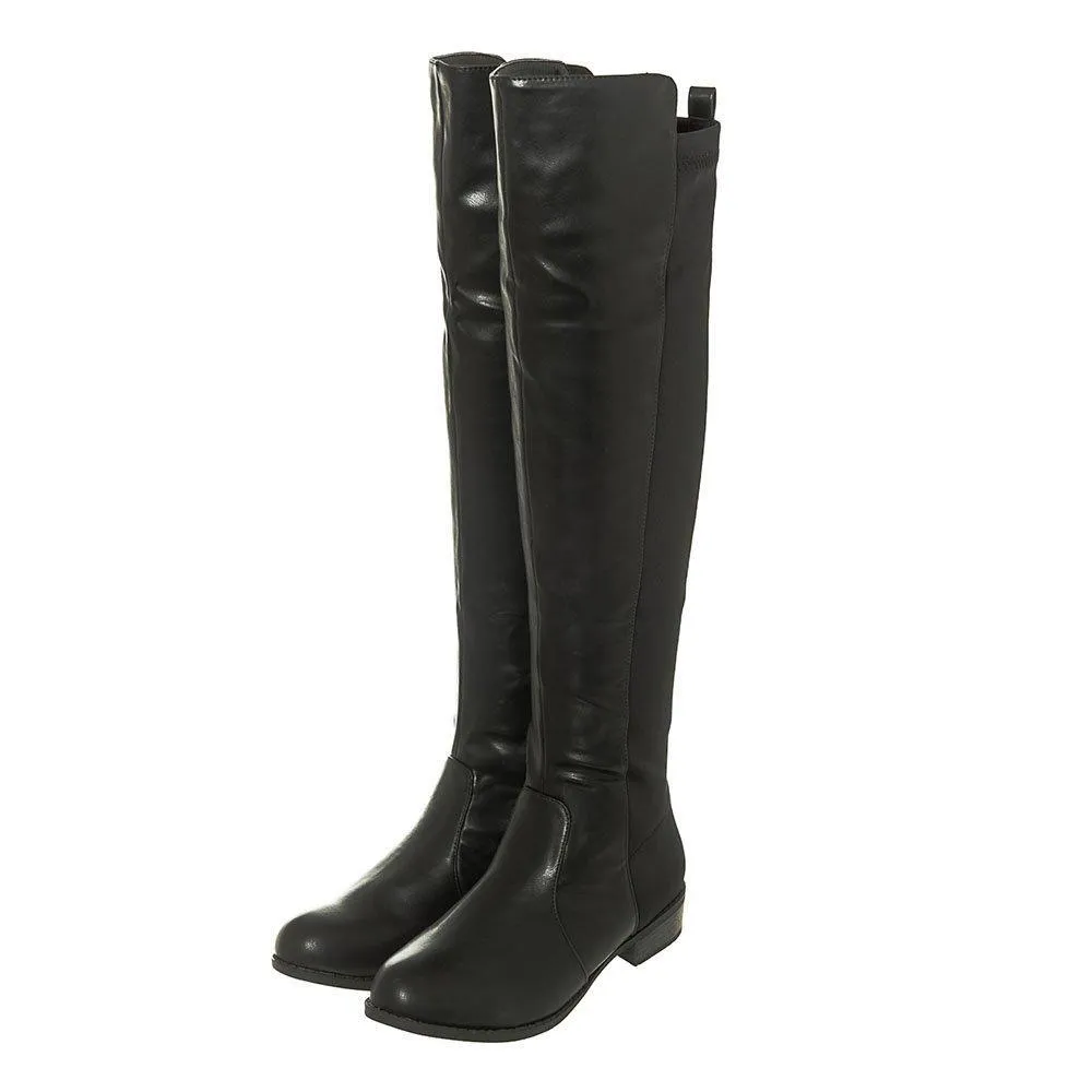 Low Block Heel Pull On Over Knee Boot With Back Stretch Panel