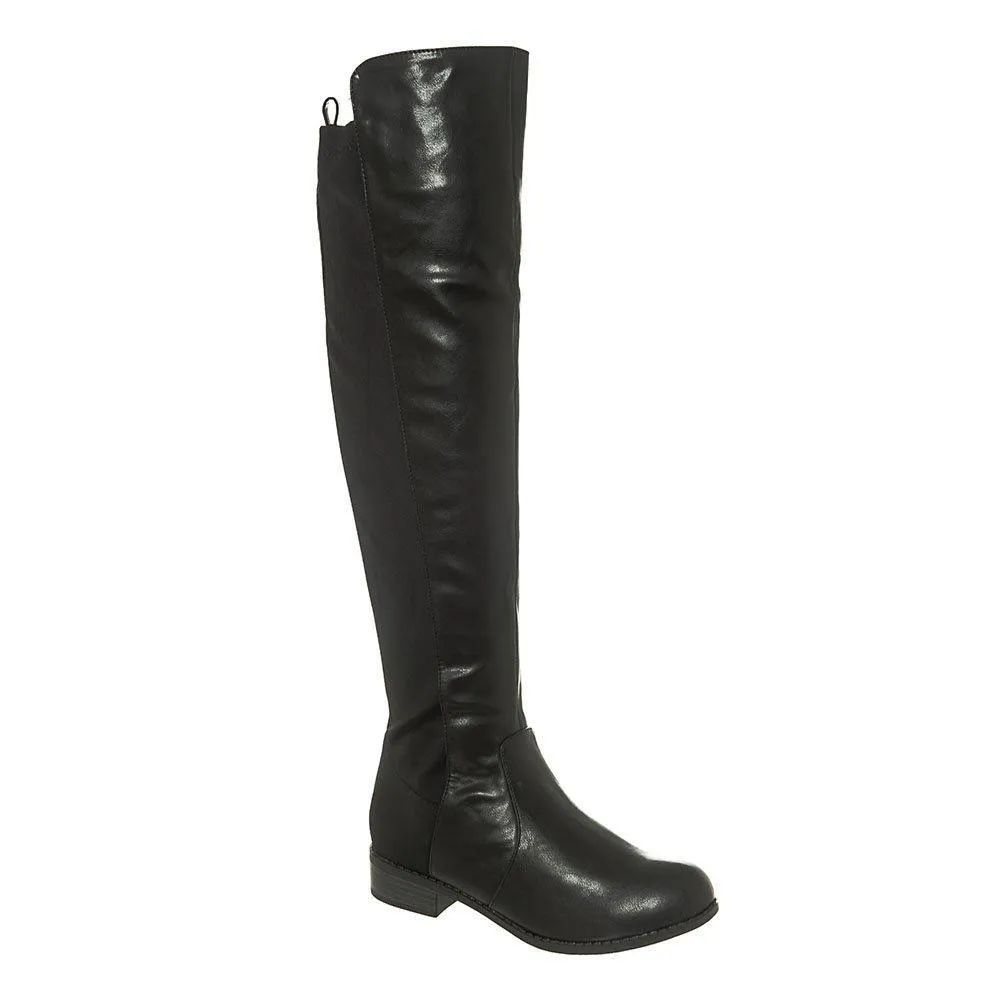 Low Block Heel Pull On Over Knee Boot With Back Stretch Panel