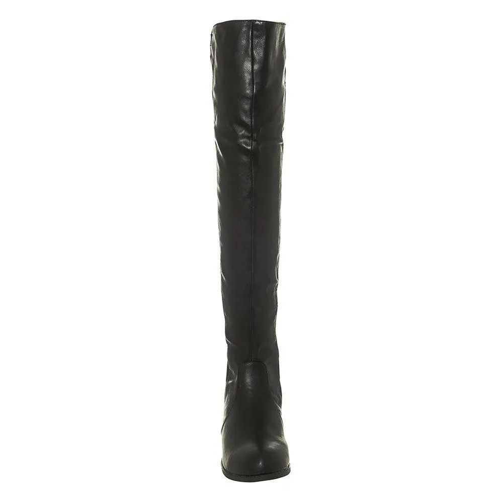 Low Block Heel Pull On Over Knee Boot With Back Stretch Panel