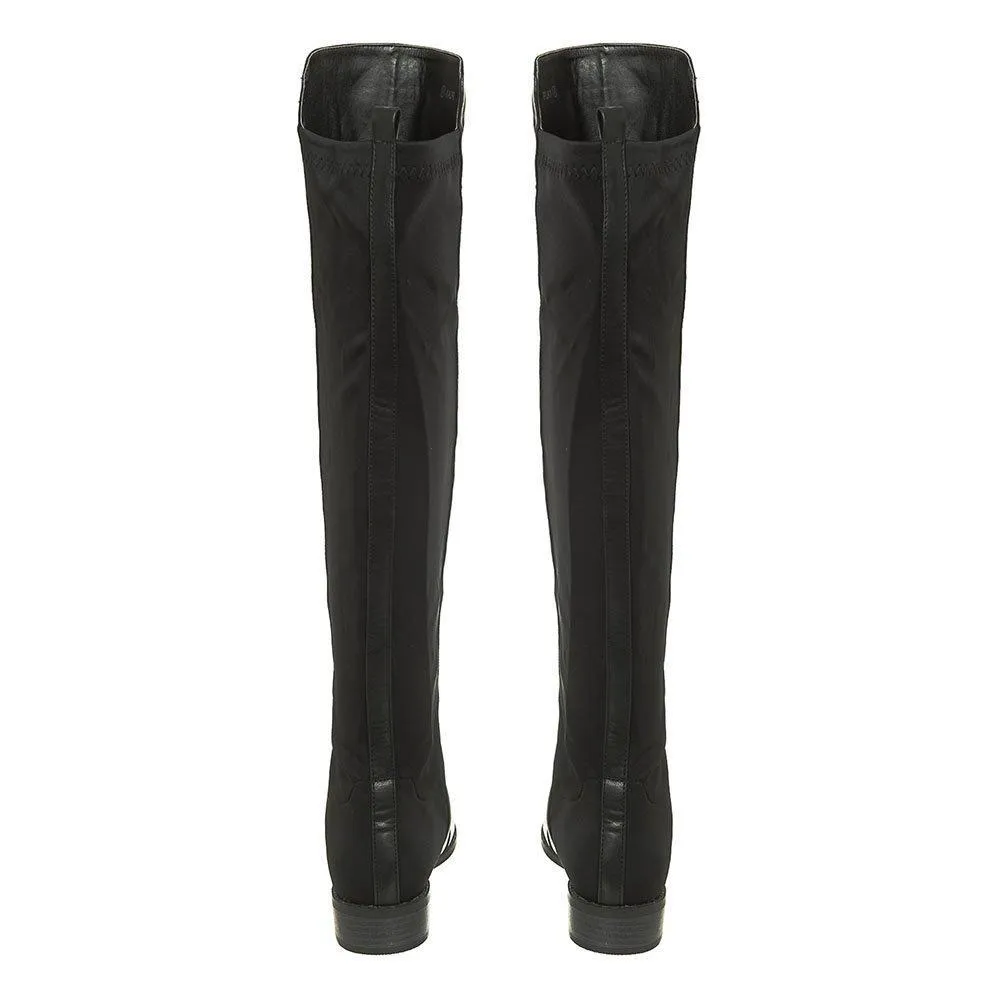 Low Block Heel Pull On Over Knee Boot With Back Stretch Panel