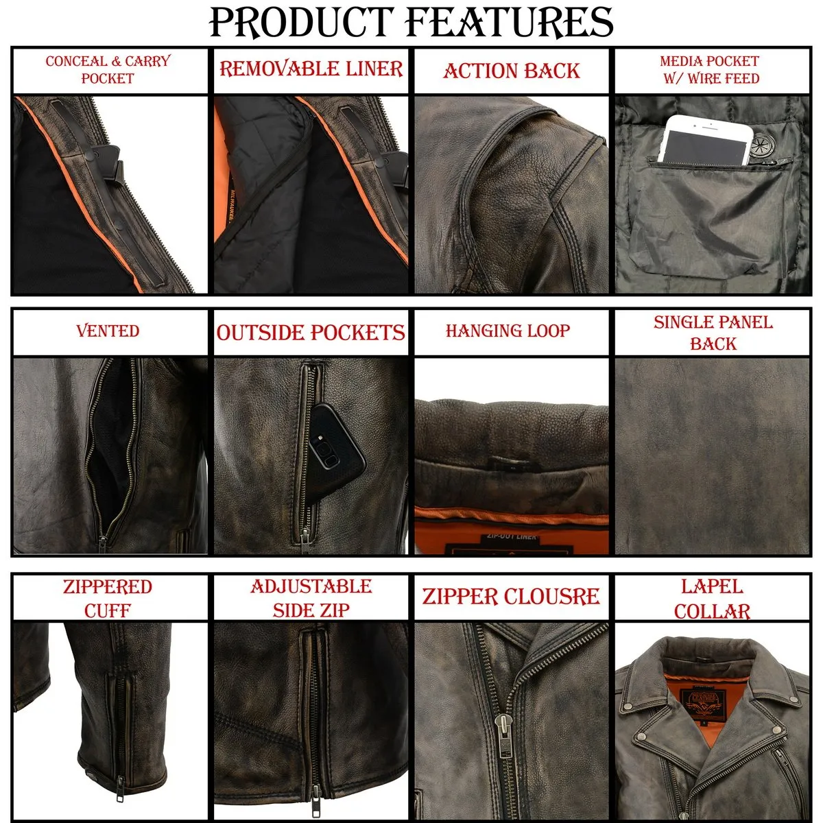 Milwaukee Leather MLM1515 Men's Classic Beltless Distressed Brown Leather Triple Stitched Motorcycle Biker Jacket