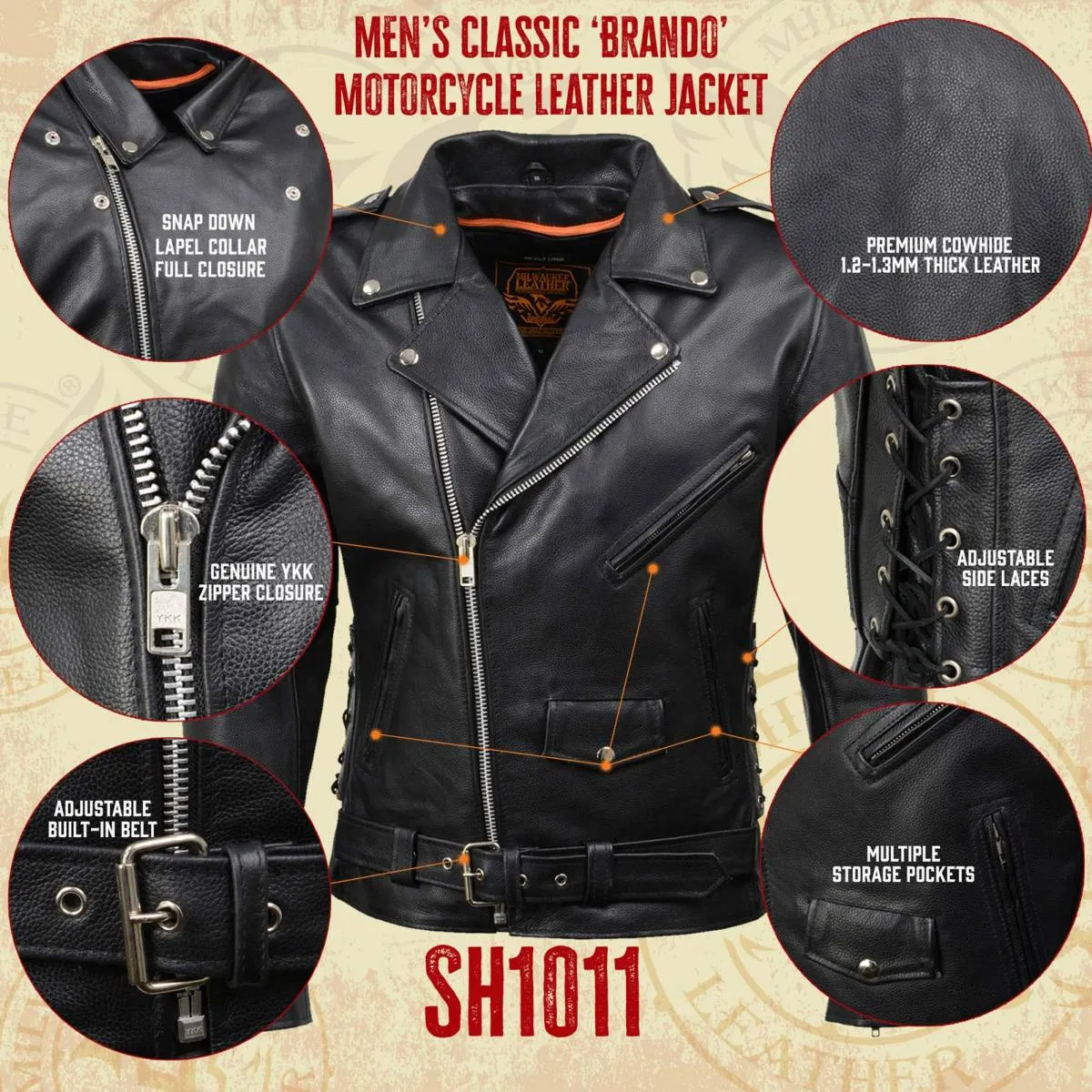 Milwaukee Leather SH1011 Black Classic Brando Motorcycle Jacket for Men Made of Cowhide Leather w/ Side Lacing