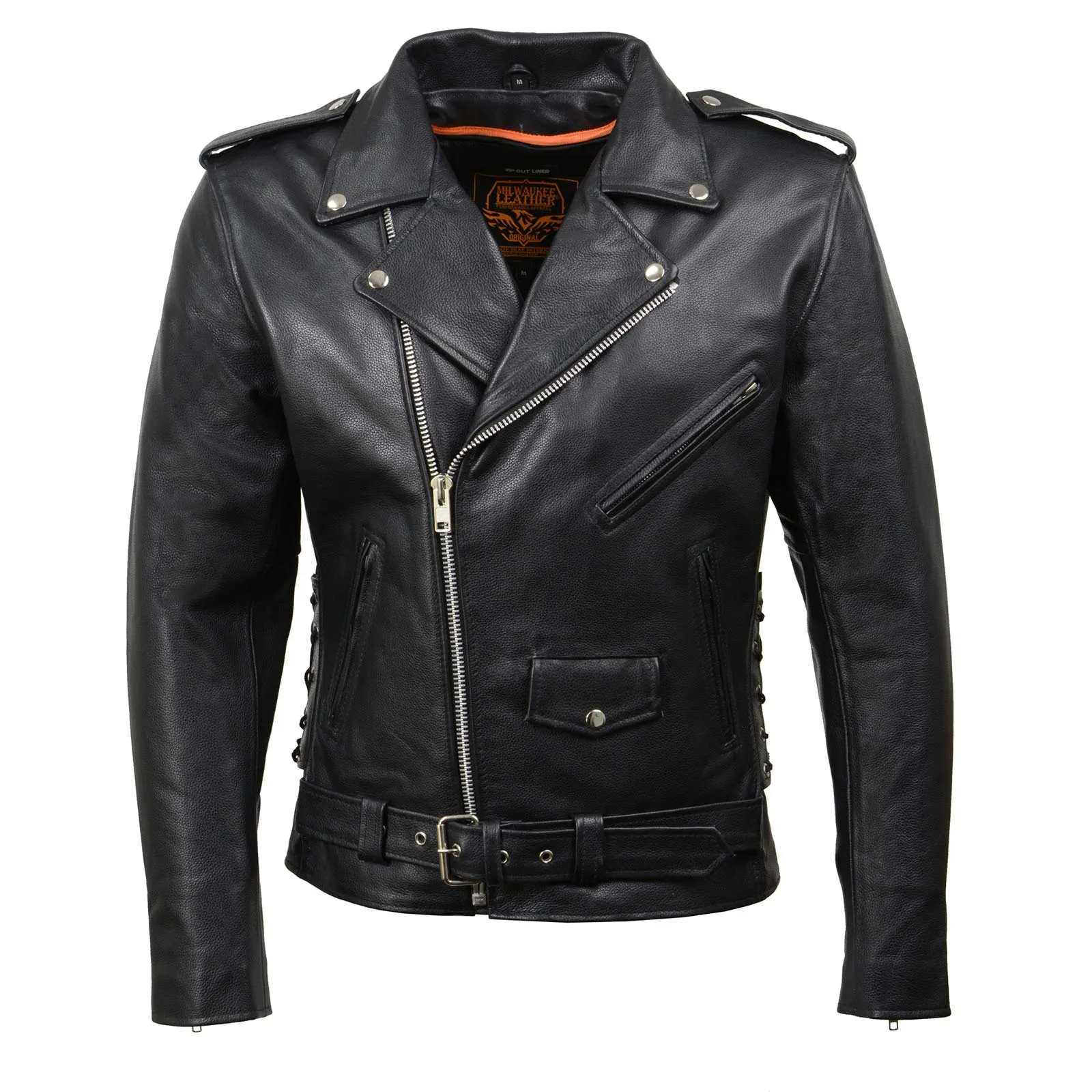 Milwaukee Leather SH1011 Black Classic Brando Motorcycle Jacket for Men Made of Cowhide Leather w/ Side Lacing