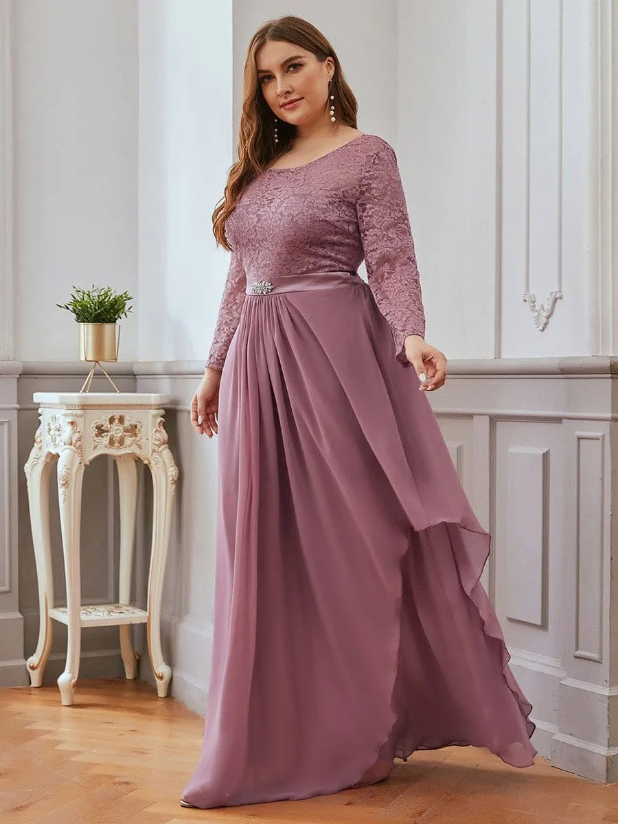 Plus Size Classic Floral Lace Bridesmaid Dress with Long Sleeve