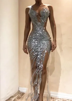 Sexy Sleeveless Sequins Prom Dresses | Mermaid Slit Evening Party Gowns BC0621