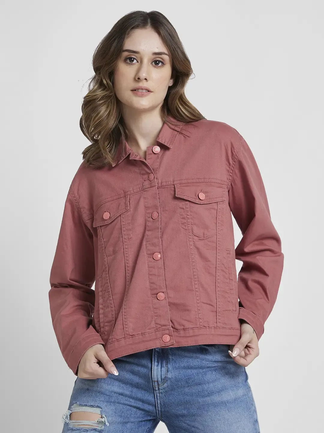 Spykar Women Dusty Brick Red Regular Fit Classic Collar Denim Jacket