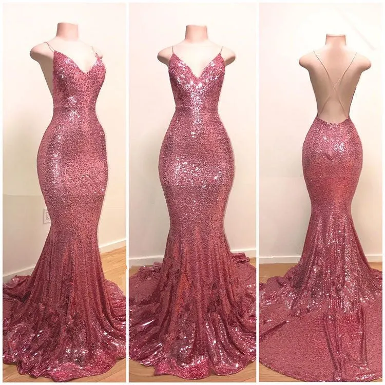 Stunning Pink Sequins Prom Dresses | Mermaid Long Evening Gowns