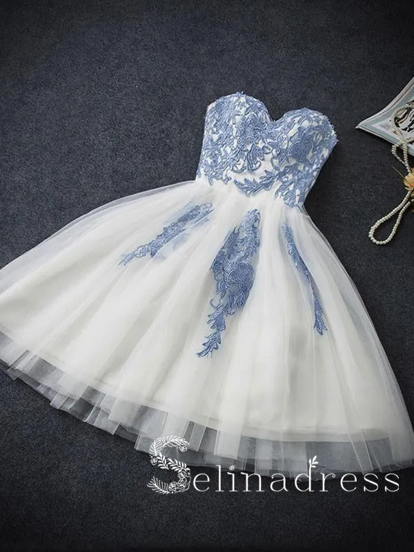 Sweetheart Elegant Homecoming Dress Tulle Blue Appliqued?Short Prom Dress On Sale HML004