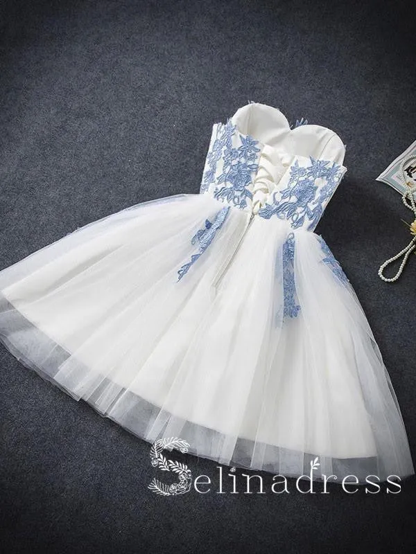 Sweetheart Elegant Homecoming Dress Tulle Blue Appliqued?Short Prom Dress On Sale HML004