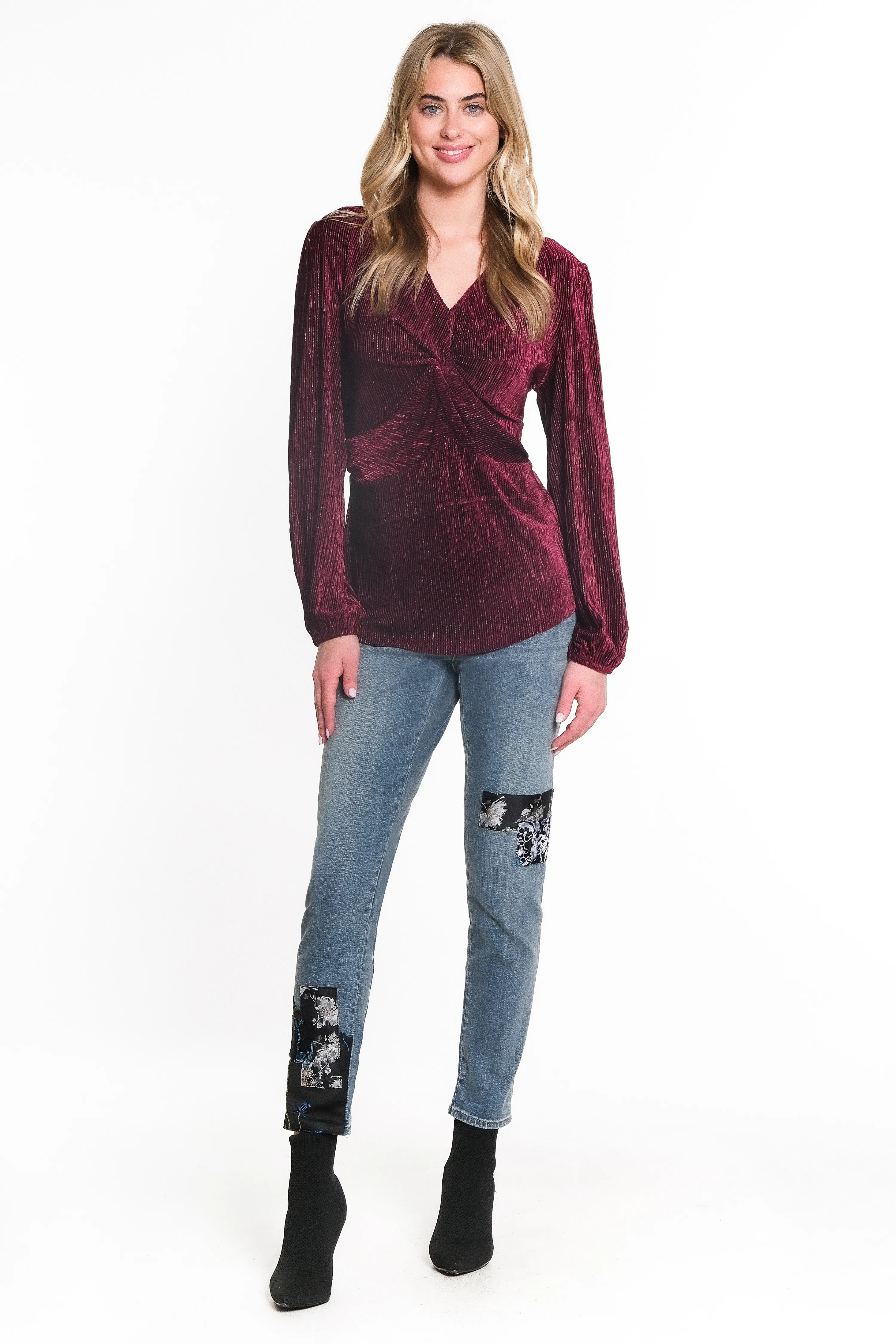 TWIST FRONT PLEATED KNIT TOP - Wine