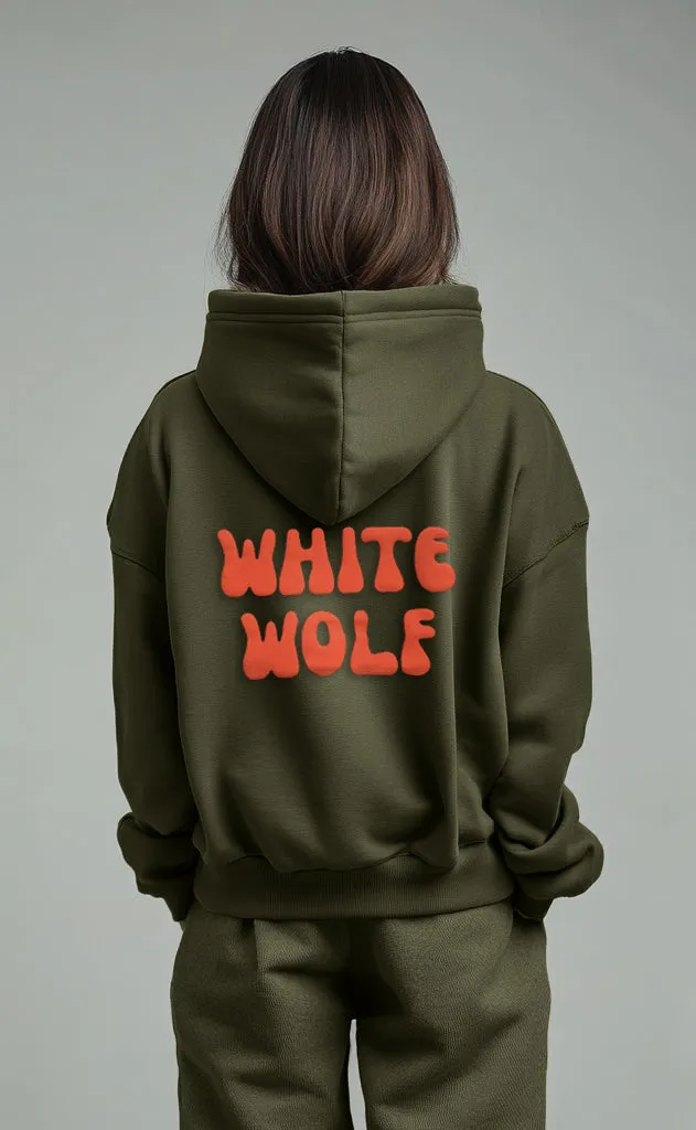 Unisex White Wolf Premium Fleece- Hoodie (Olive Green) Orange