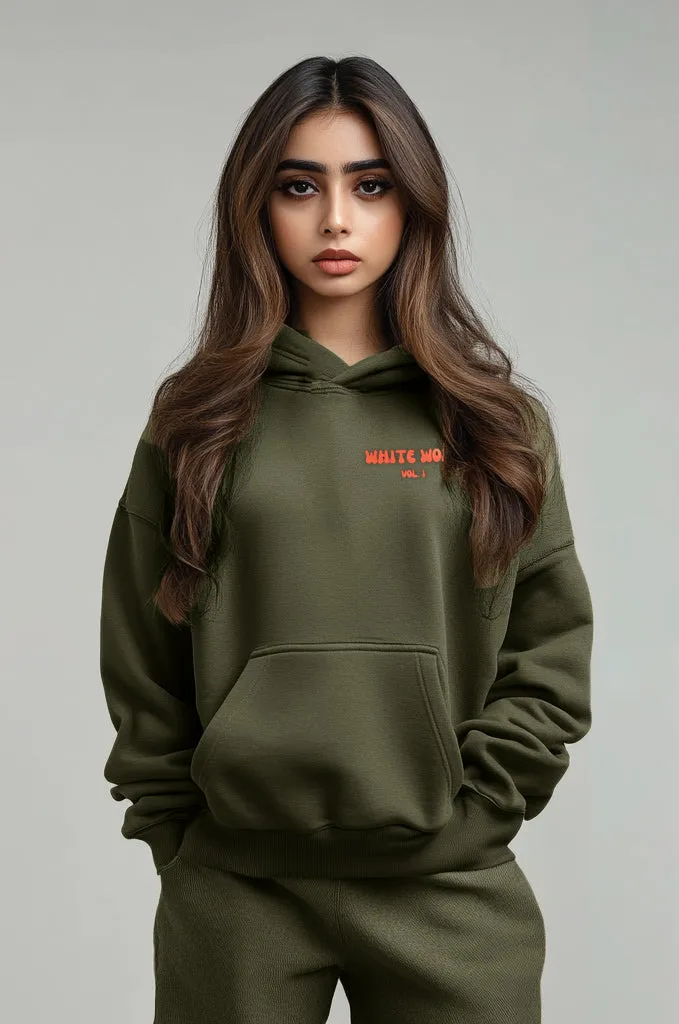 Unisex White Wolf Premium Fleece- Hoodie (Olive Green) Orange