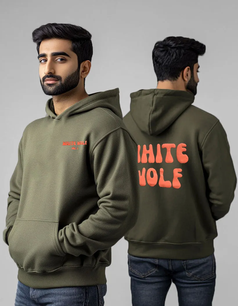 Unisex White Wolf Premium Fleece- Hoodie (Olive Green) Orange