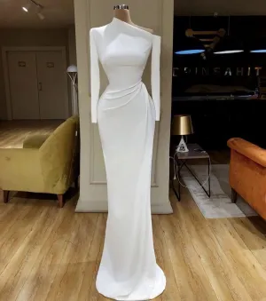 White Evening Dresses Long Sleeve Modest Simple Mermaid Elegant Formal Prom Dresses