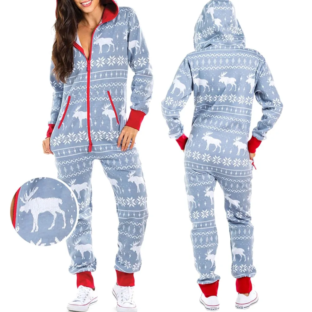 Women's Christmas One Piece Pajamas with Hood Santa Pattern Adult Cozy Jumpsuits Festive Homewear