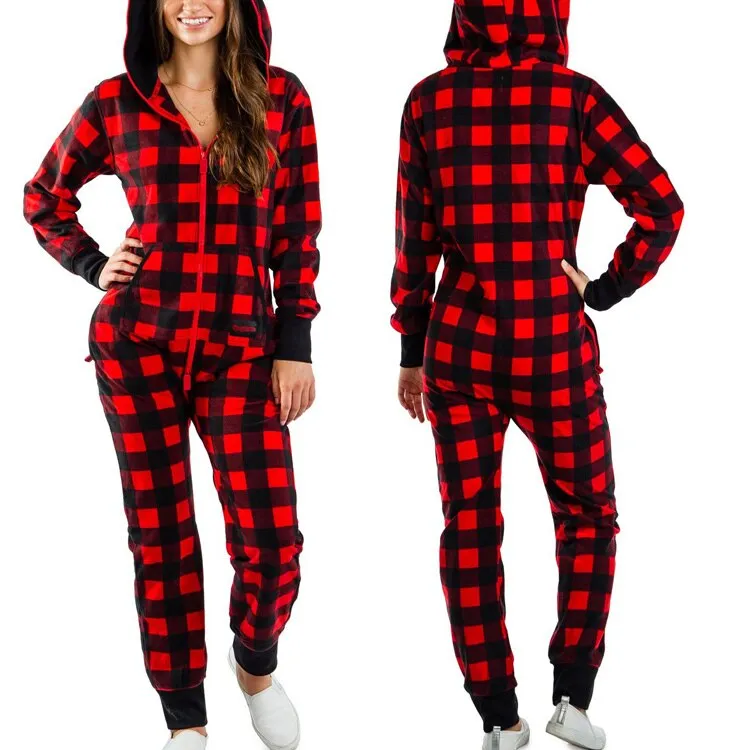 Women's Christmas One Piece Pajamas with Hood Santa Pattern Adult Cozy Jumpsuits Festive Homewear