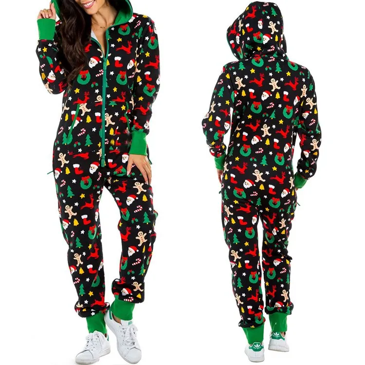 Women's Christmas One Piece Pajamas with Hood Santa Pattern Adult Cozy Jumpsuits Festive Homewear