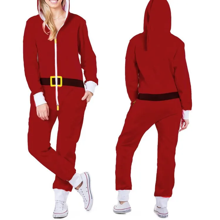 Women's Christmas One Piece Pajamas with Hood Santa Pattern Adult Cozy Jumpsuits Festive Homewear